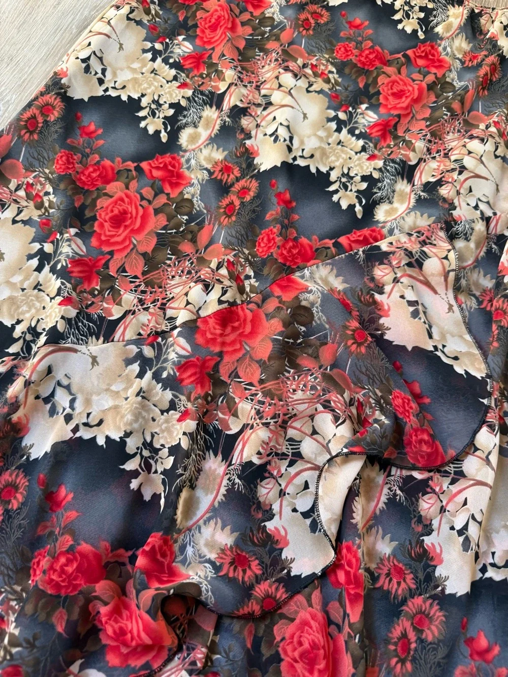 Floral Fairy A-Line Midi Skirt in Rose Print Ruffle Hem Waist 34-39”